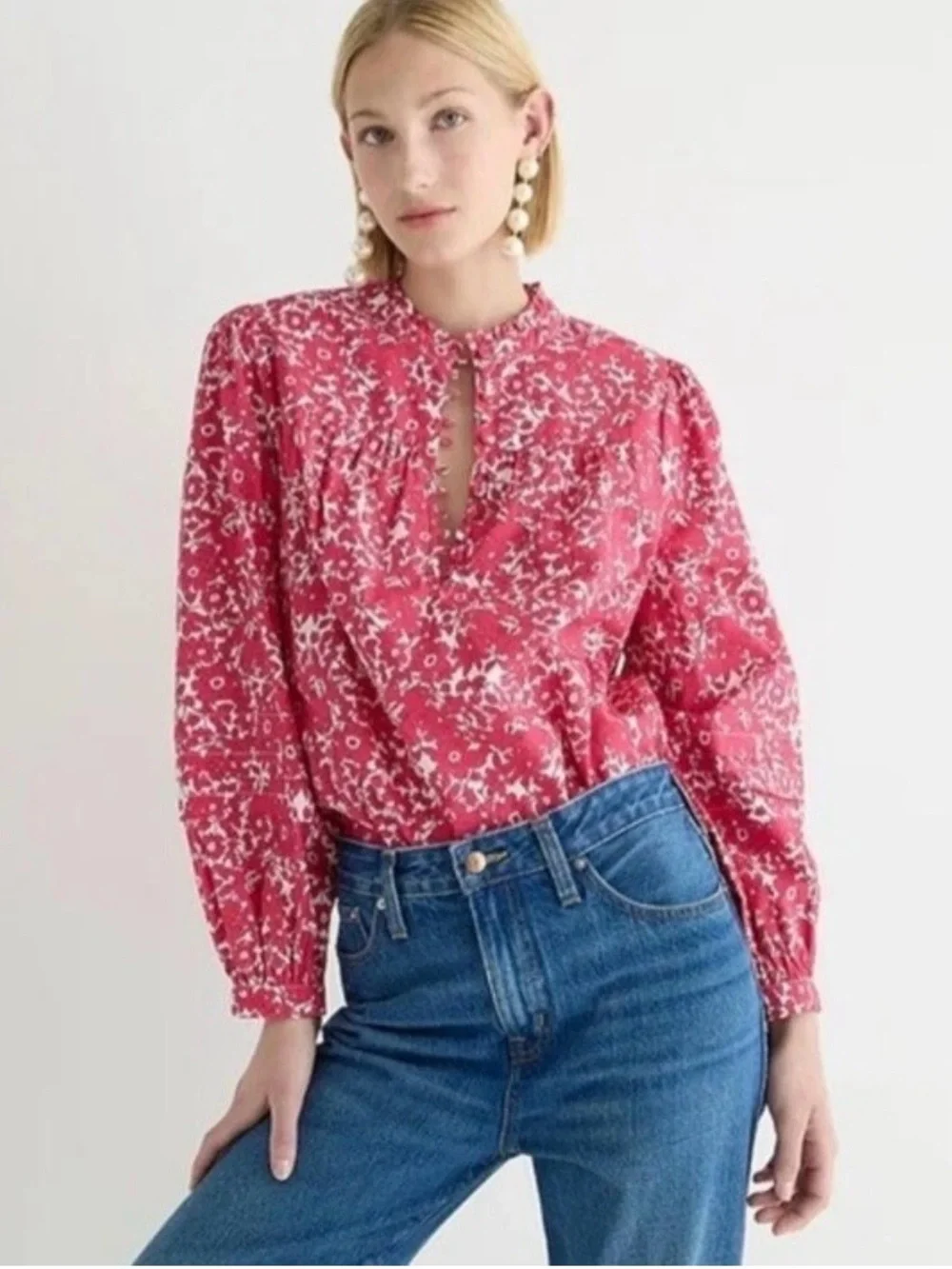 J. Crew Pink Floral Long Sleeve Popover Blouse Top XS
